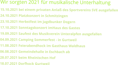 Wir sorgten 2021 für musikalische Unterhaltung15.10.2021 bei einem privaten Anlaß des Sportvereins SVE ausgefallen24.10.2021 Platzkonzert in Schmitzingen 23.10.2021 Herbstfest im Jagdbunker Dogern   17.10.2021 Sonntagskonzert imHaus des Gastes  19.09.2021 Saufest des Musikverein Unteralpfen ausgefallen04.09.2021 Camping Sommerfest - in Gurtweil  11.08.2021 Feierabendhock im Gasthaus Waldhaus 06.08.2021 Gemeindehalle in Eschbach ab 28.07.2021 beim Rheinischen Hof  18.07.2021 Dorfhock Gurtweil